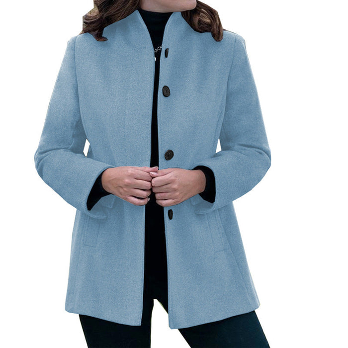 Autumn Winter Simplicity Long Sleeve Collared Button Slim-Fit Woolen Coat Women