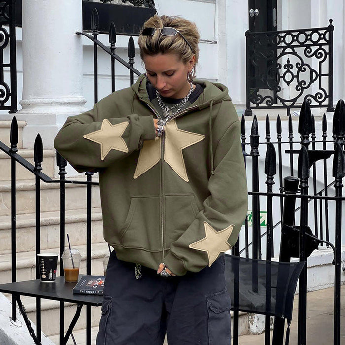 Street Five Pointed Star Patch Zipper Large Pocket Hooded Loose Large Hoody Autumn Winter Casual Coat