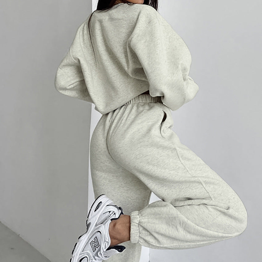 Gray, Fleece Lining Sweater Loose Outfit Autumn Women Clothing Sports Two Piece Set