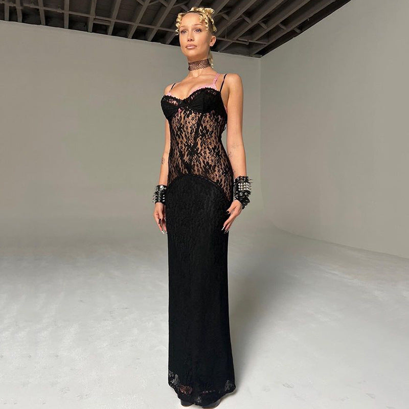 Women Clothing Lace See through Sling Dress Sexy Party Evening Maxi Dress Autumn