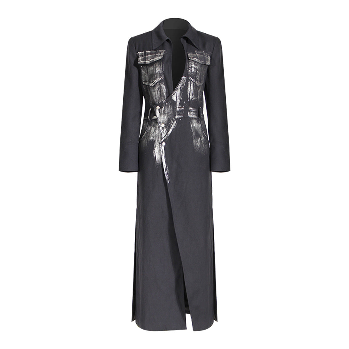 Niche Design Trench Coat Women Handmade Metal Silver Brush Color Rock Artist Super Long Blazer