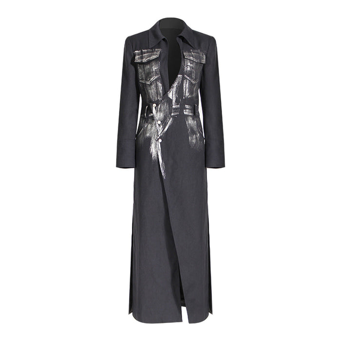 Niche Design Trench Coat Women Handmade Metal Silver Brush Color Rock Artist Super Long Blazer