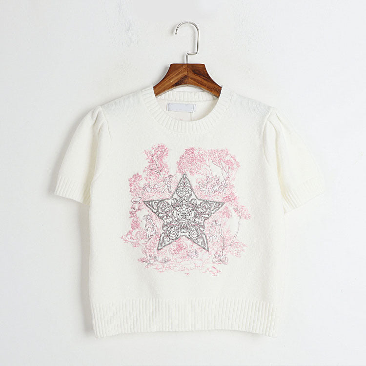 Round Neck Cropped Short Sleeved Top Early Spring Machine Embroidery Five Pointed Star Pattern Sweater