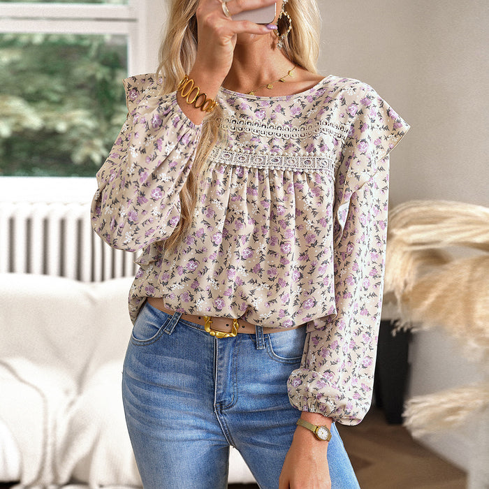 Floral Shirt Women Autumn Winter Women round Neck Long Sleeved Blouse