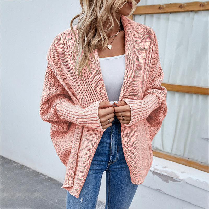 Autumn Winter Women Knitted Sweater Solid Color Batwing Sleeve Sweater Cardigan Coat Women