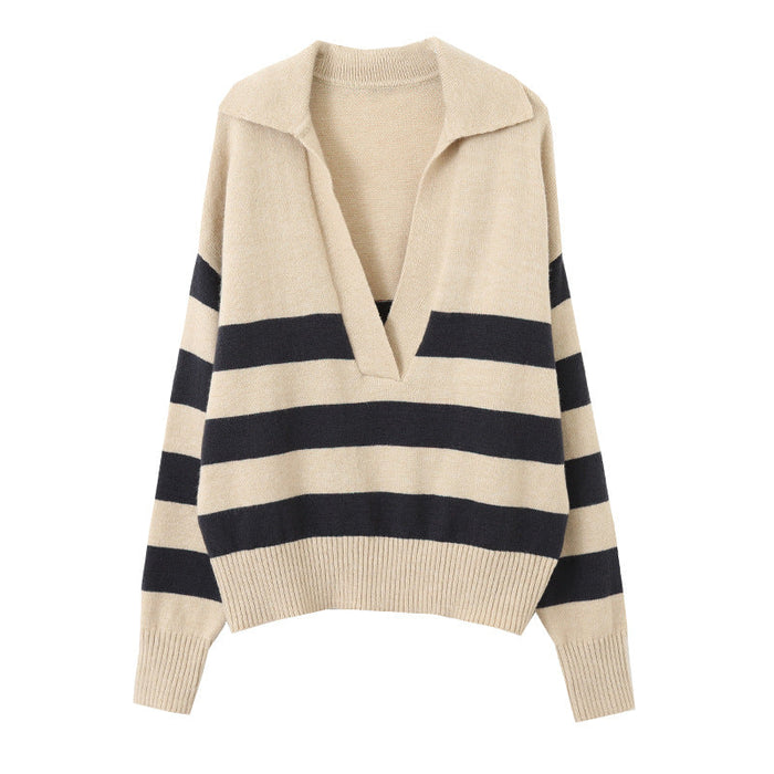 Casual Polo Large V-neck Striped Sweater Autumn Winter Loose Pullover