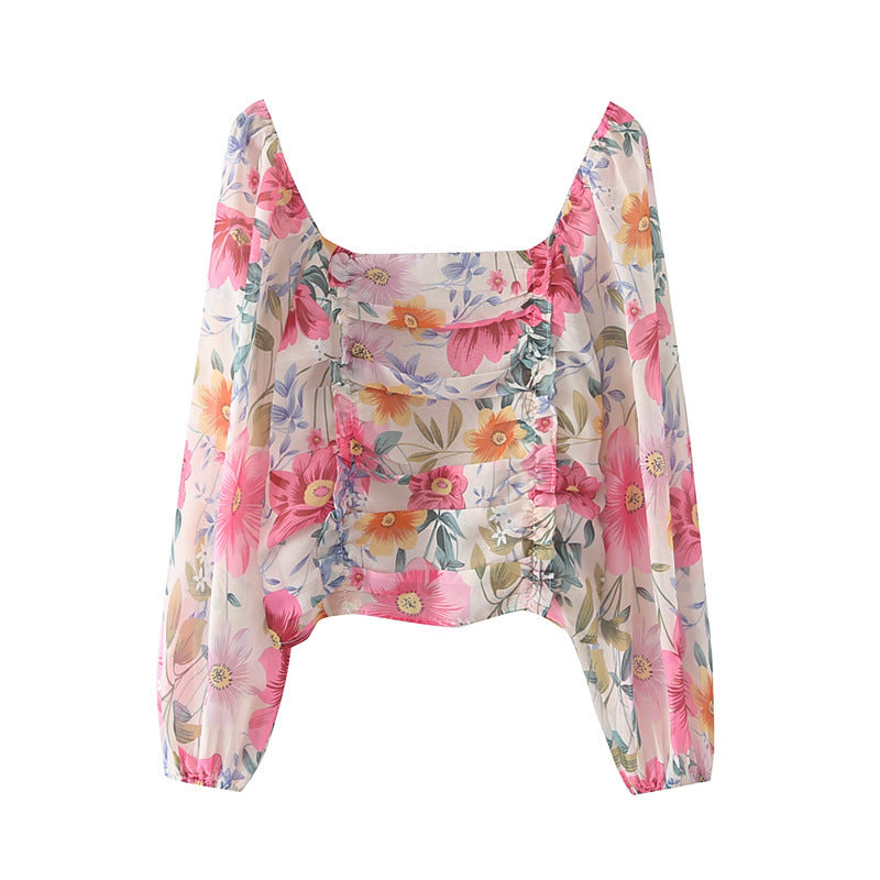 Summer Gentle Stylish Square Collar Long Sleeve Printed Pullover Chiffon Shirt for Women