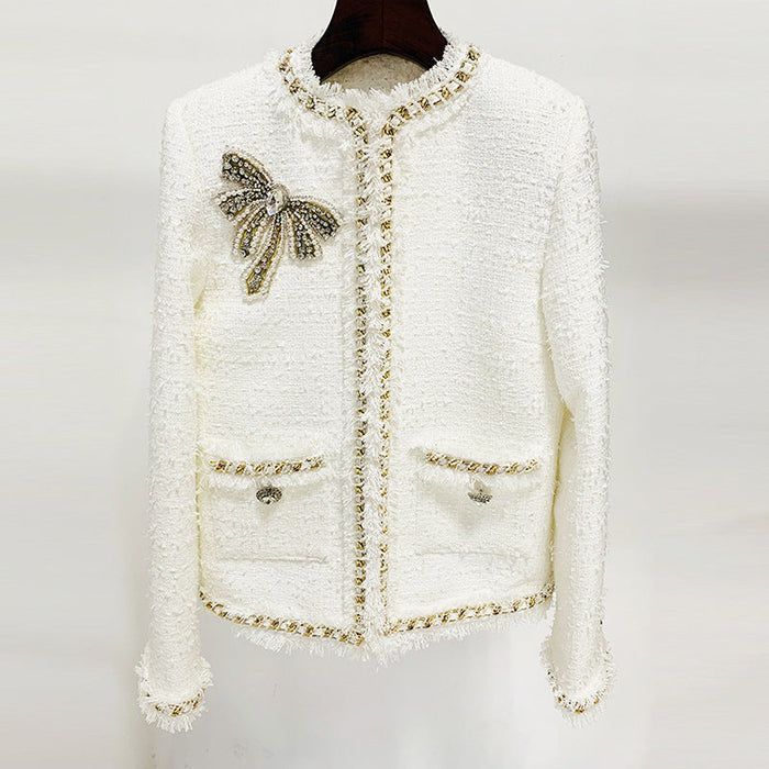 Chain Edge Bow Beaded Classic Tweed Jacket Coat