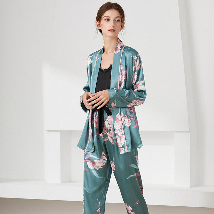 Simple Women Suspender Trousers Home Wear Mid Length Printed Lace Bathrobe Comfortable Thin Pajamas Three Piece Set