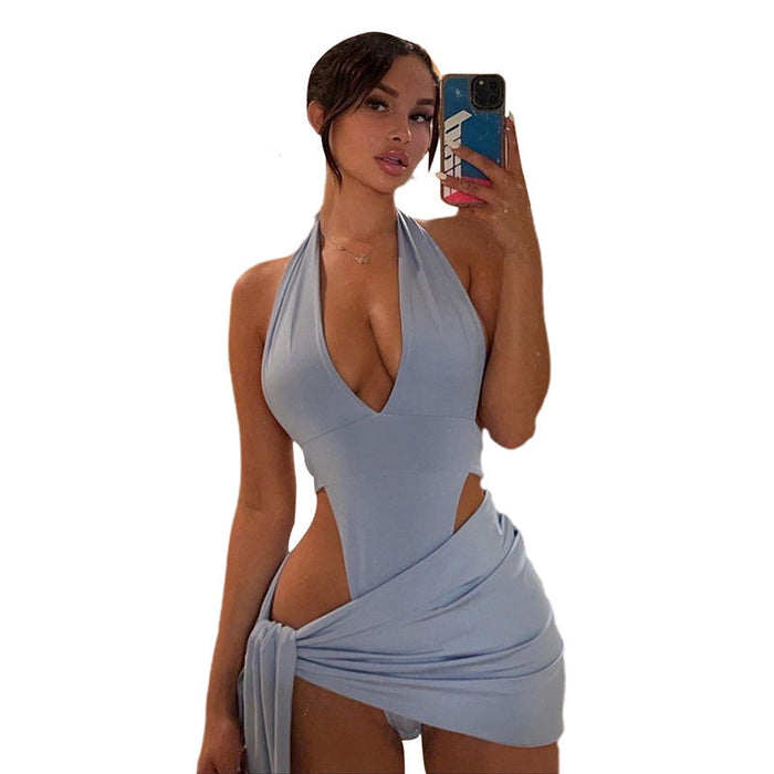 Summer Women Clothing Sexy V-neck Backless Bodysuit Hip Skirt Outfit Women