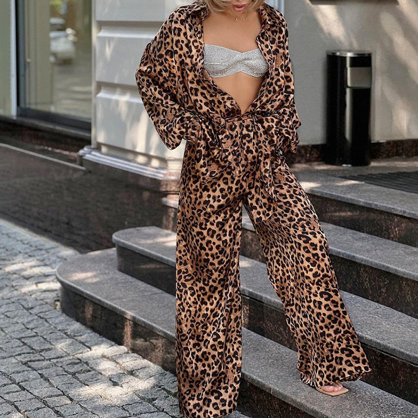 Sexy Leopard Print Loose Collared Long Sleeves Trousers Casual Suit Spring Summer Two Piece Suit Women