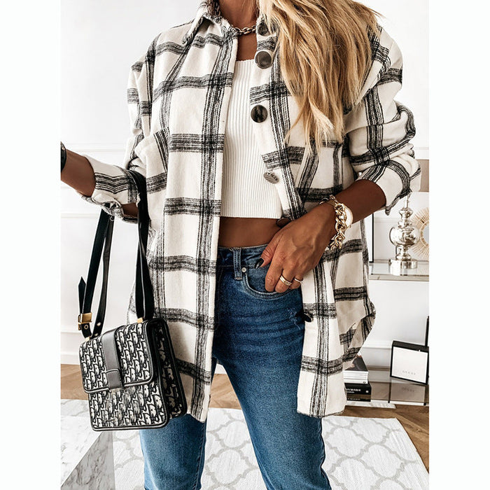 Autumn Winter Women Shirt Plaid Casual Brushed Woolen Cardigan