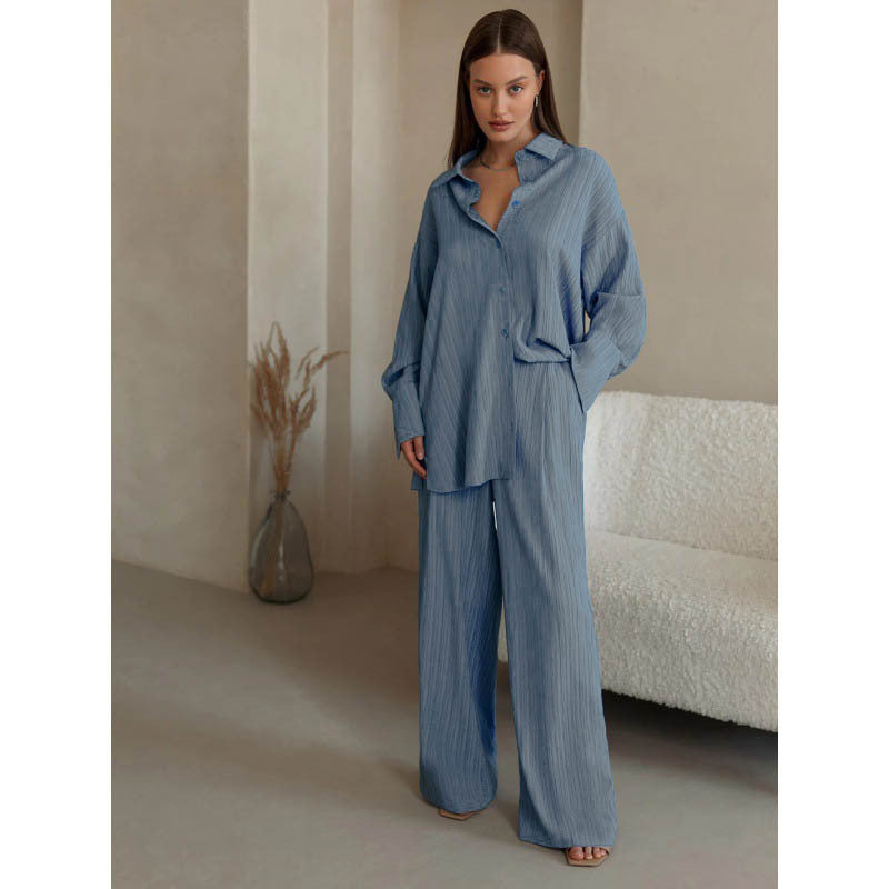 Autumn Winter Popular Casual Pleated Shirt-Style Wide-Leg Pants Suit