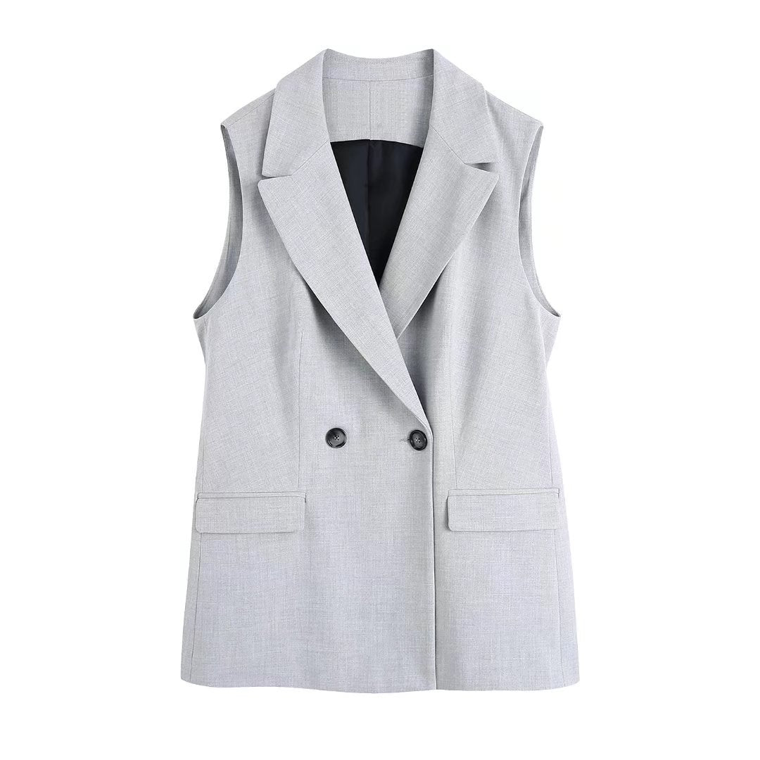 Spring Women Gray Double Breasted Vest Jacket