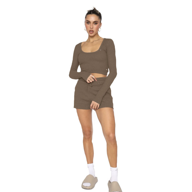 Spring Waffle Solid Color U Neck Long Sleeved Short Women Clothing Casual Shorts Suit
