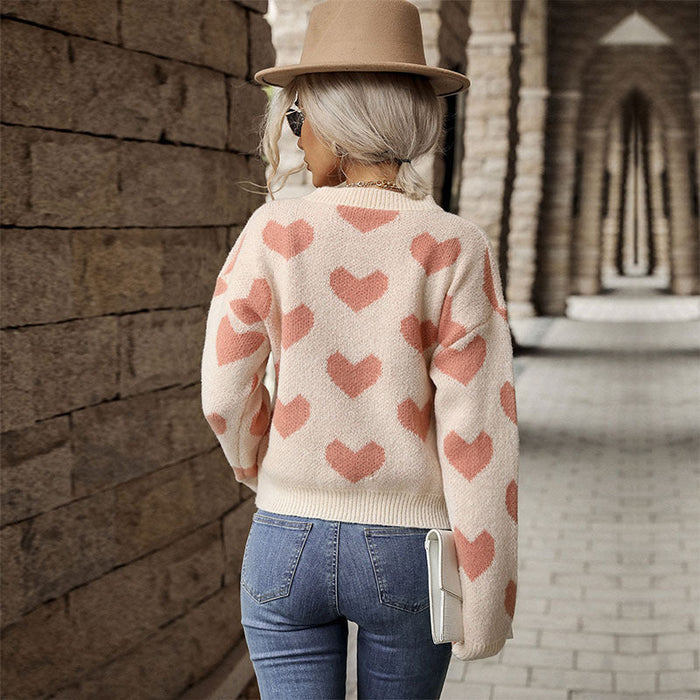 Autumn Winter Fashionable Knitted Casual Love Long Sleeved Pink Sweater