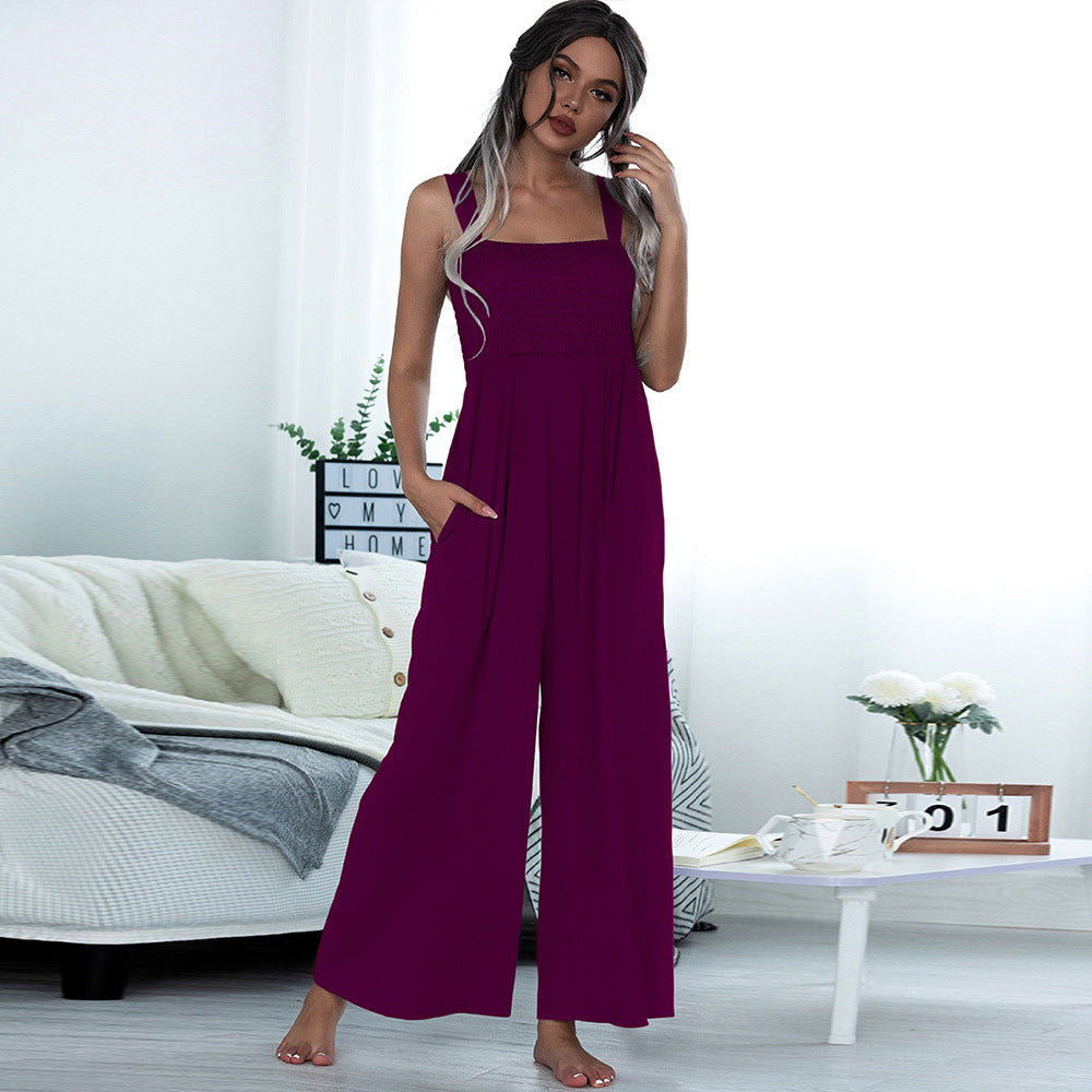 Summer Women Clothing Smocking Vest Sling Wide Leg Jumpsuit Women