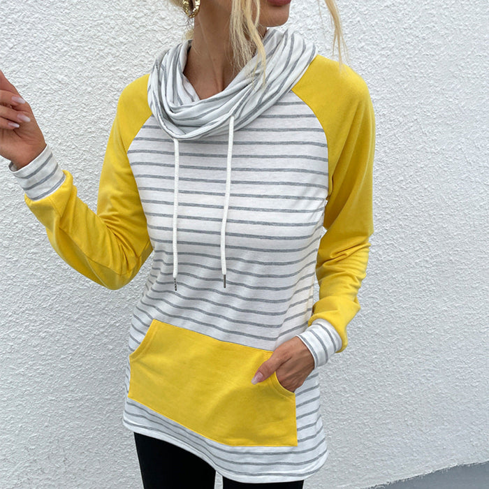 Spring Autumn Women Clothing Mock Neck Stripes Stitching Women Hoodie Top