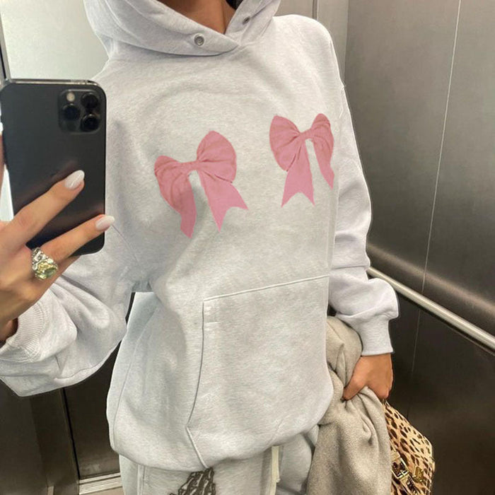 Bow Print Hooded Large Hoody Women Autumn Winter Lazy Wind Loose Pullover Long Sleeve Casual Top