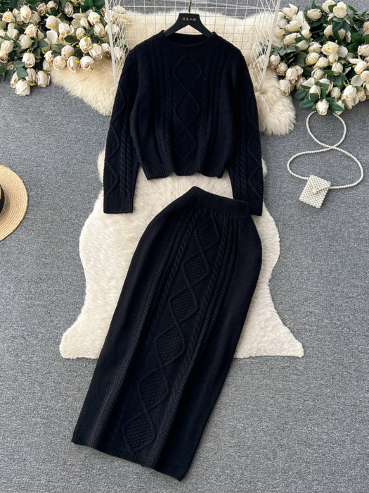 French Retro Minority Long Sleeve round Neck Twist Knitted Top High Waist Slimming Sheath Split Skirt Set