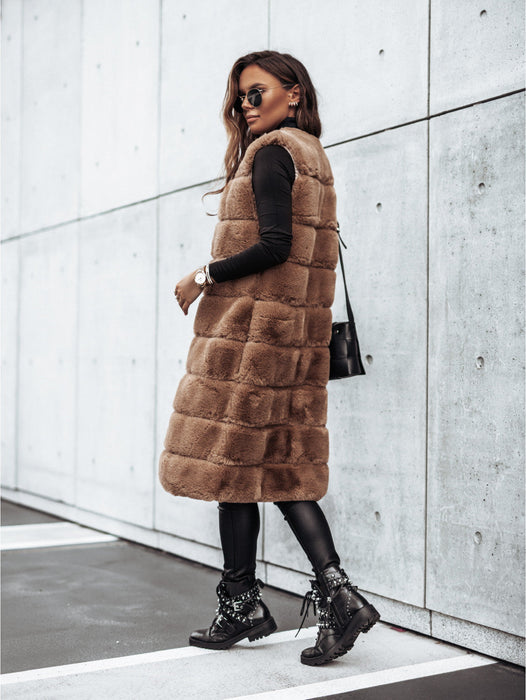 Women Clothing Autumn Winter round Neck Fur Vests Long Vest Coat