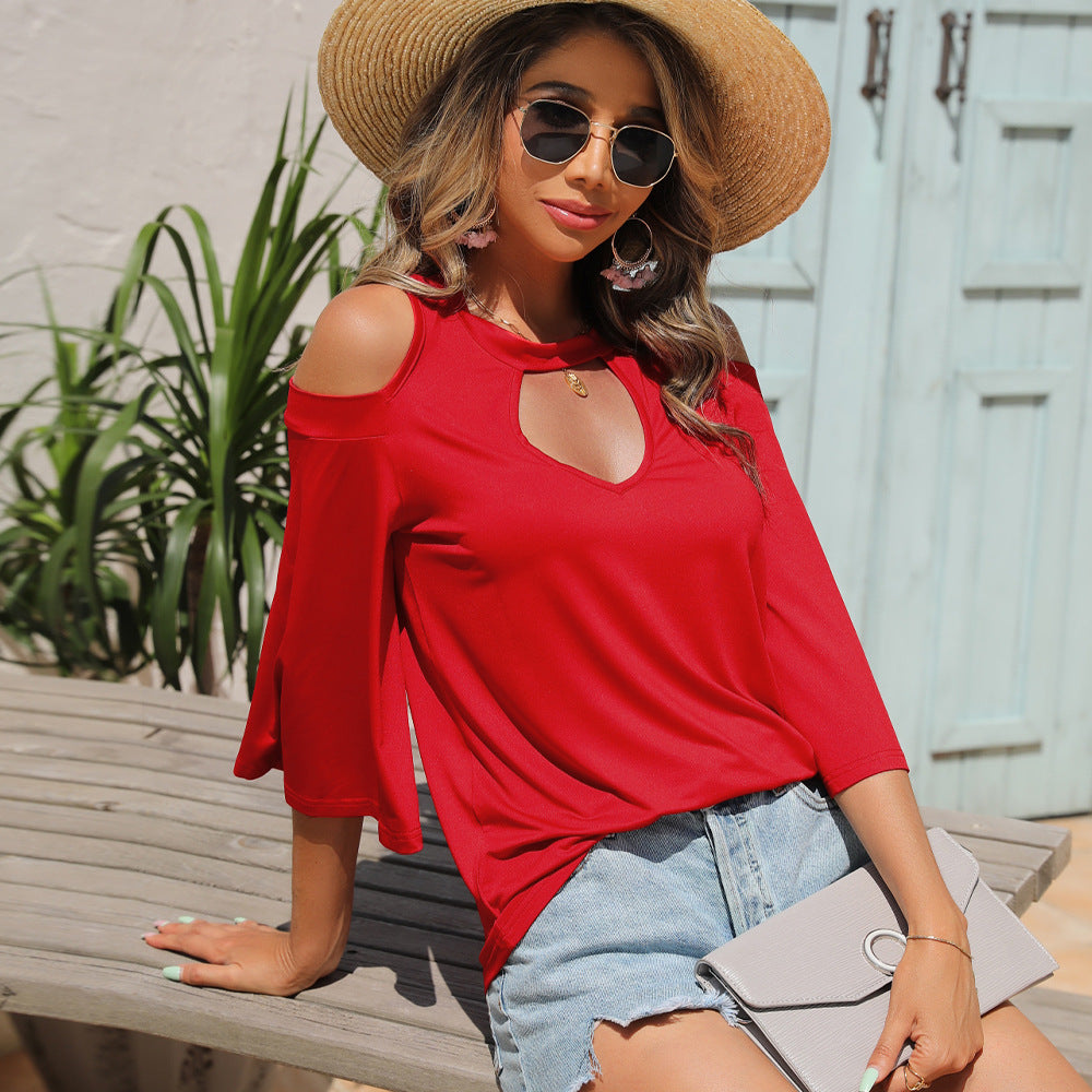 Summer Women Clothing round Neck Pullover off-the-Shoulder Flared Sleeves Women T-shirt Shirt