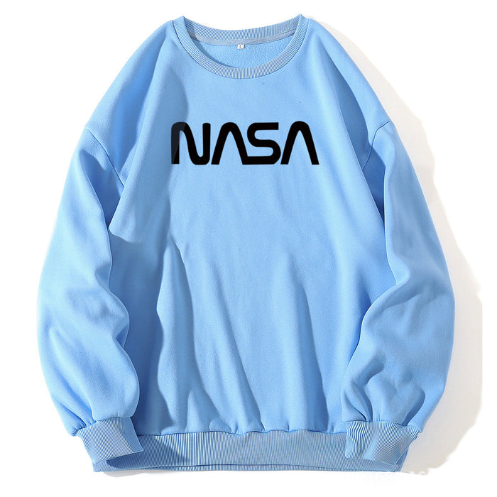 Fleece Lined Crew Neck Sweater Women NASA Letter Graphic Print Fresh Casual Pullover Round Neck Long Sleeves T Shirt