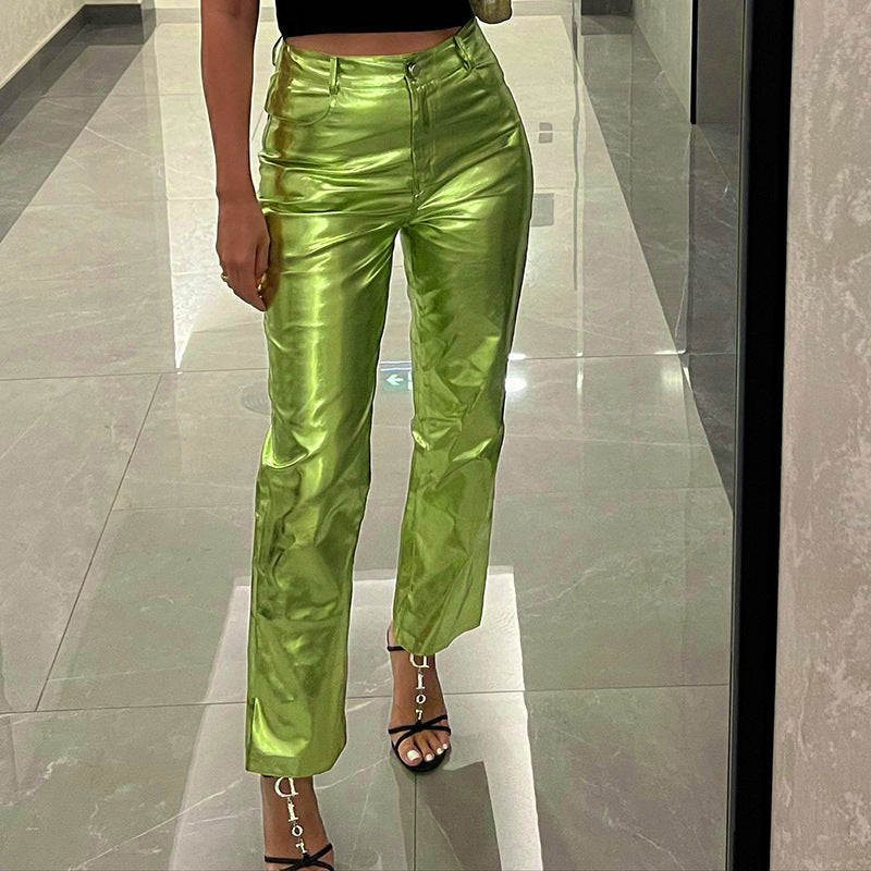 Metallic Coated Fabric Women Clothing Autumn Winter Bright Faux Leather Pocket Loose Zip Women Casual Pants