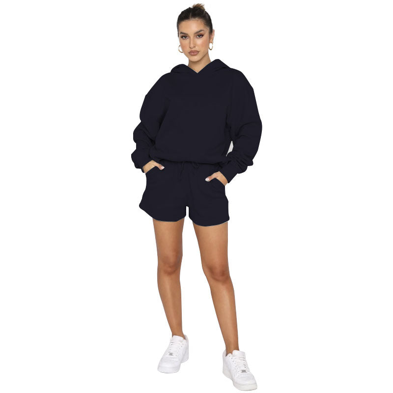 Autumn Winter Solid Color Pullover Hooded Long Sleeves Sweaters Women Clothing Casual Shorts Suit