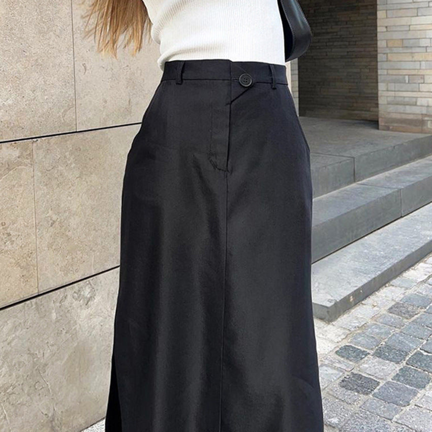 Black Cotton Silk Women Clothing Autumn Split High Waist Office Drape Skirt Skirt