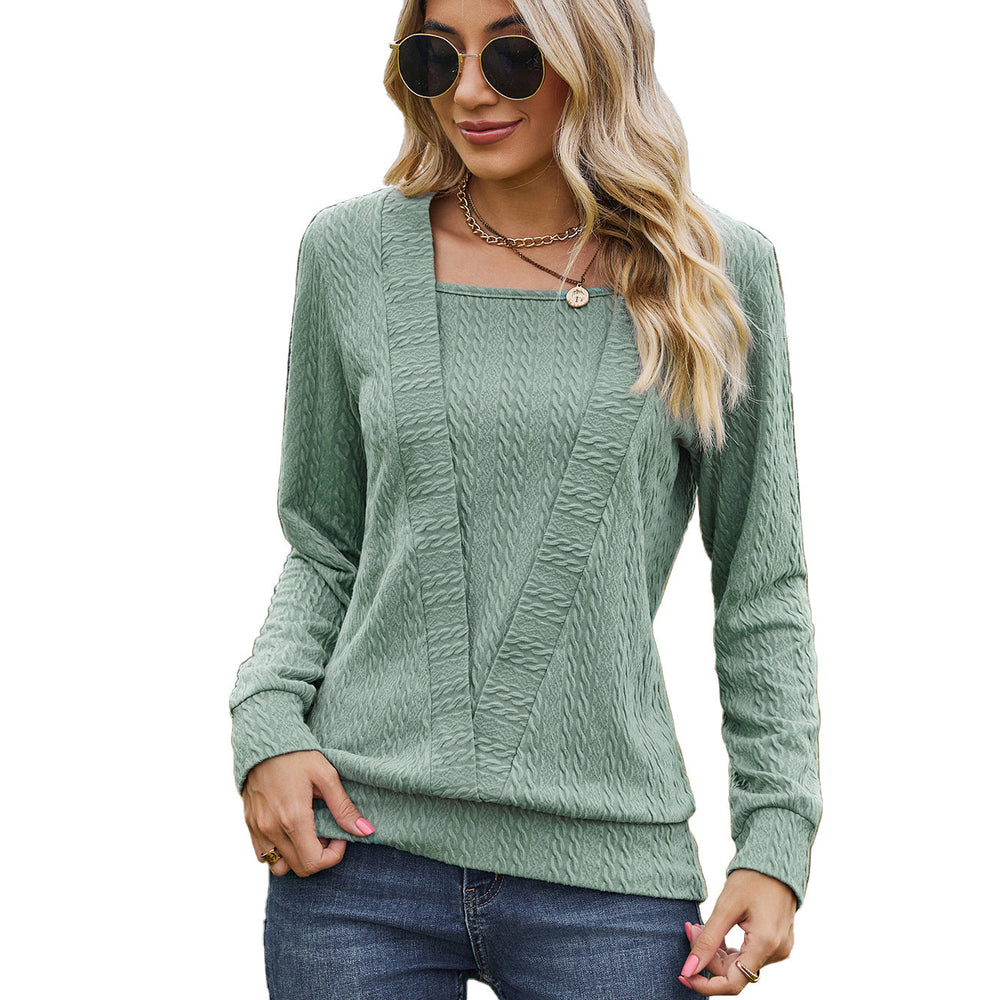 Autumn Winter Solid Color Square Collar Cross Loose Long Sleeved T shirt Top Women
