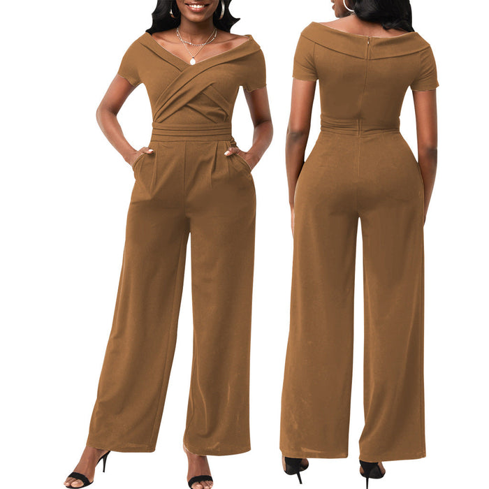 Masson Sexy Solid Color Short Sleeve V-neck Women Jumpsuit