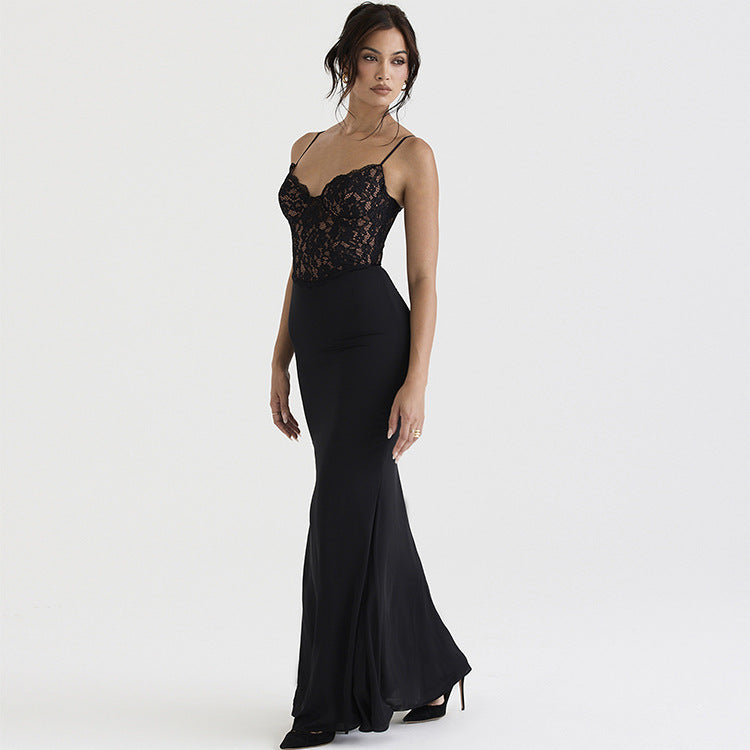 Women Lace Sexy High Waist Slimming Dress Deep V Plunge Strap Fishtail Gown
