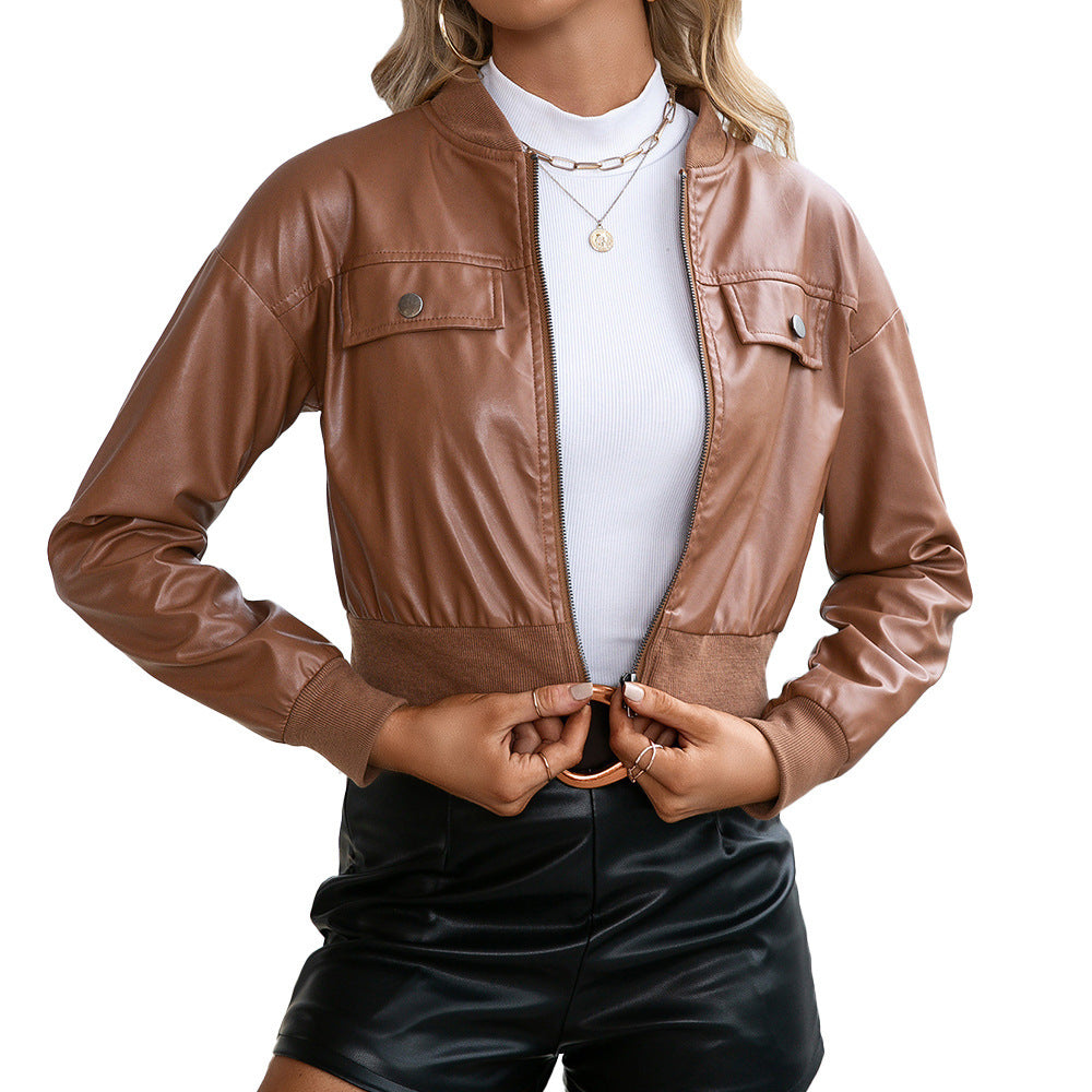 Casual Short Long Sleeve Solid Color Faux Leather Motorcycle Leather Jacket Coat Top Women