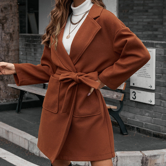 Women Clothing Mid Length Autumn Winter Cardigan Strap Woolen Coat Trench Coat Women