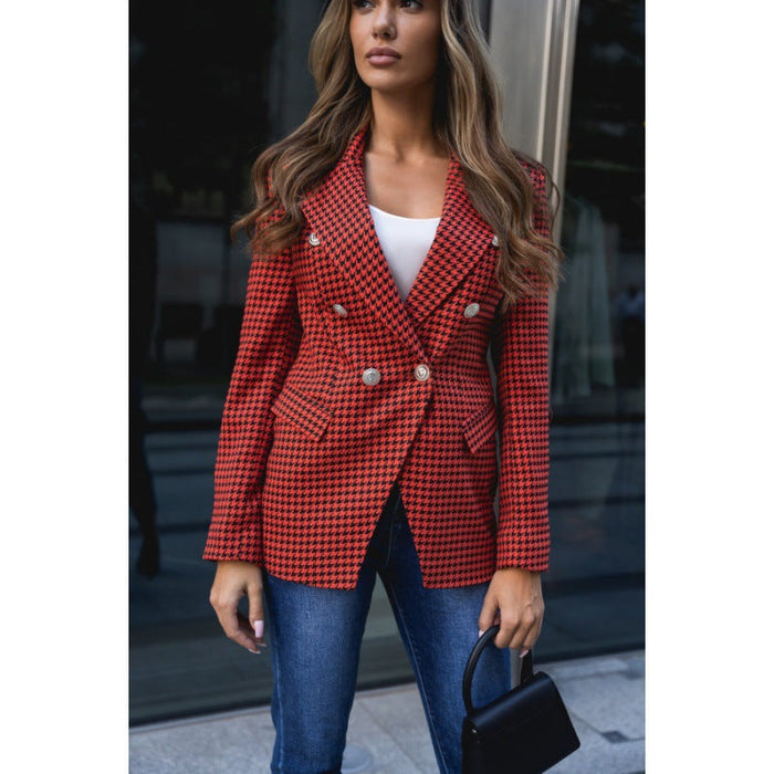 Double Breasted Houndstooth Office Blazer  Women