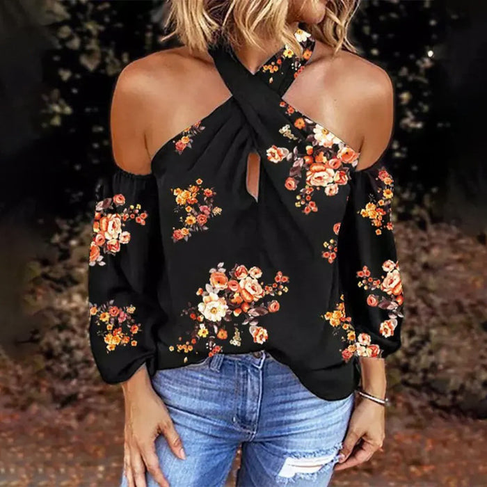 Summer Printed Long Sleeve Halter Sexy Backless Loose Top Women