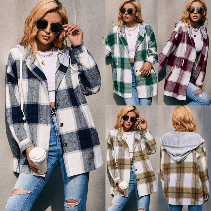 Plaid Shacket Hooded Loose Casual Shacket Jacket Outerwear