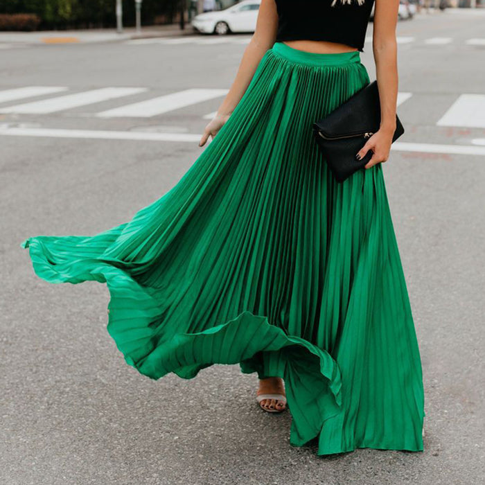 Summer Elegant Pleated Mopping Solid Color Wide Hem Skirt