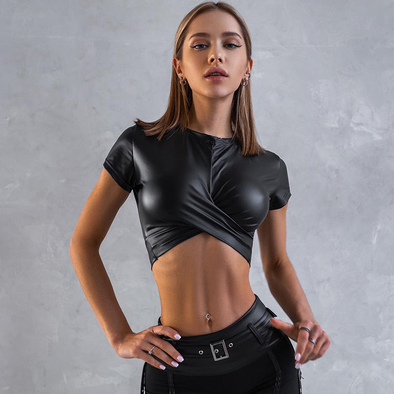 Summer round Neck Short Sleeve Wrapped Chest Exposed cropped Short All-Match Street Faux Leather Top for Women Women Clothing
