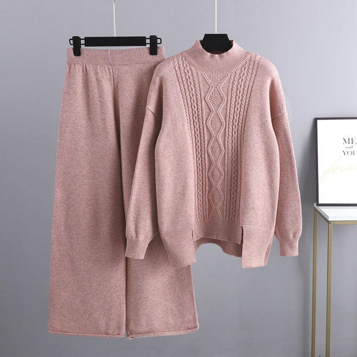 Autumn Winter Slimming Knitted Suit Women Thickened Loose Turtleneck Sweater Wide Leg Pants Two Piece Suit