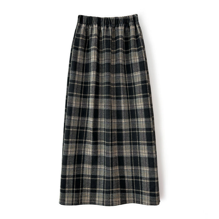 Retro Plaid Woolen Skirt Fleece Lined Women Winter Pear Shapes Cover Slim Long Straight Skirt