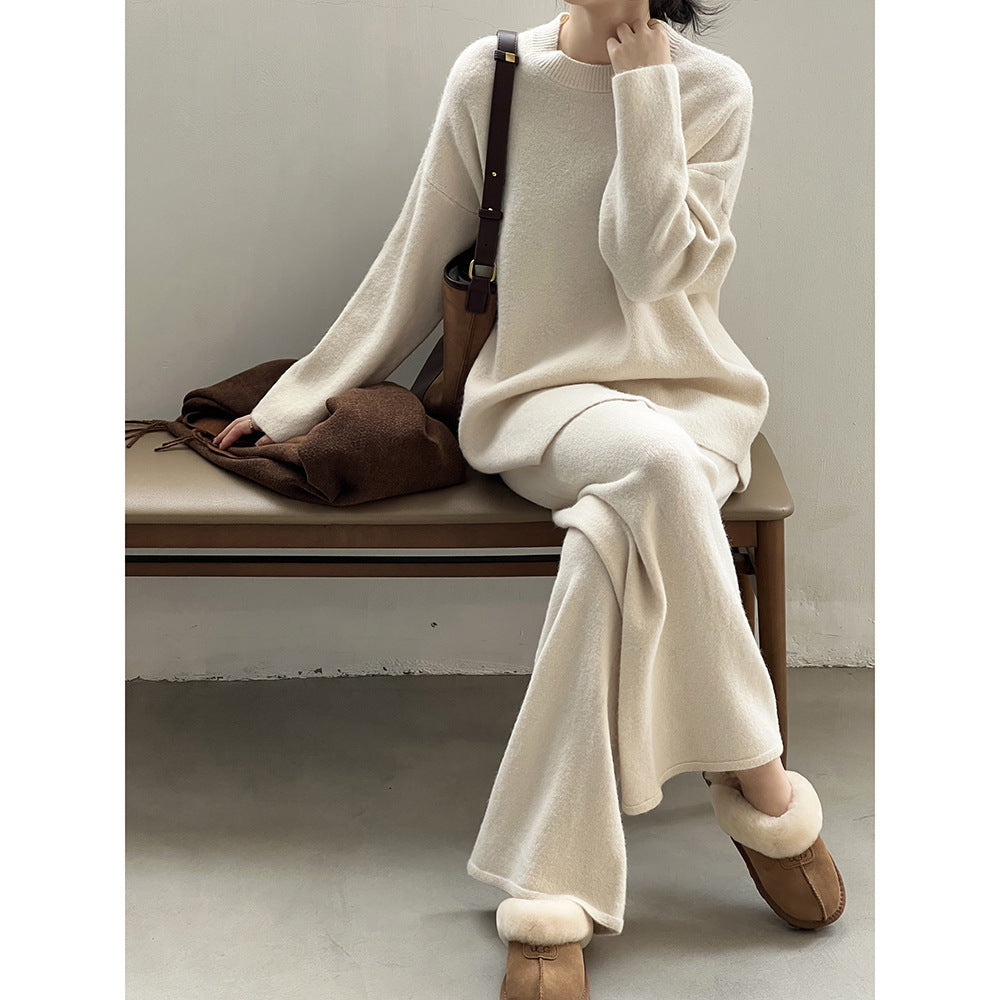 Thickened Knitted Sweater Suit Women Winter Minimalist Round Neck Sweater Wide Leg Pants Two Piece Set