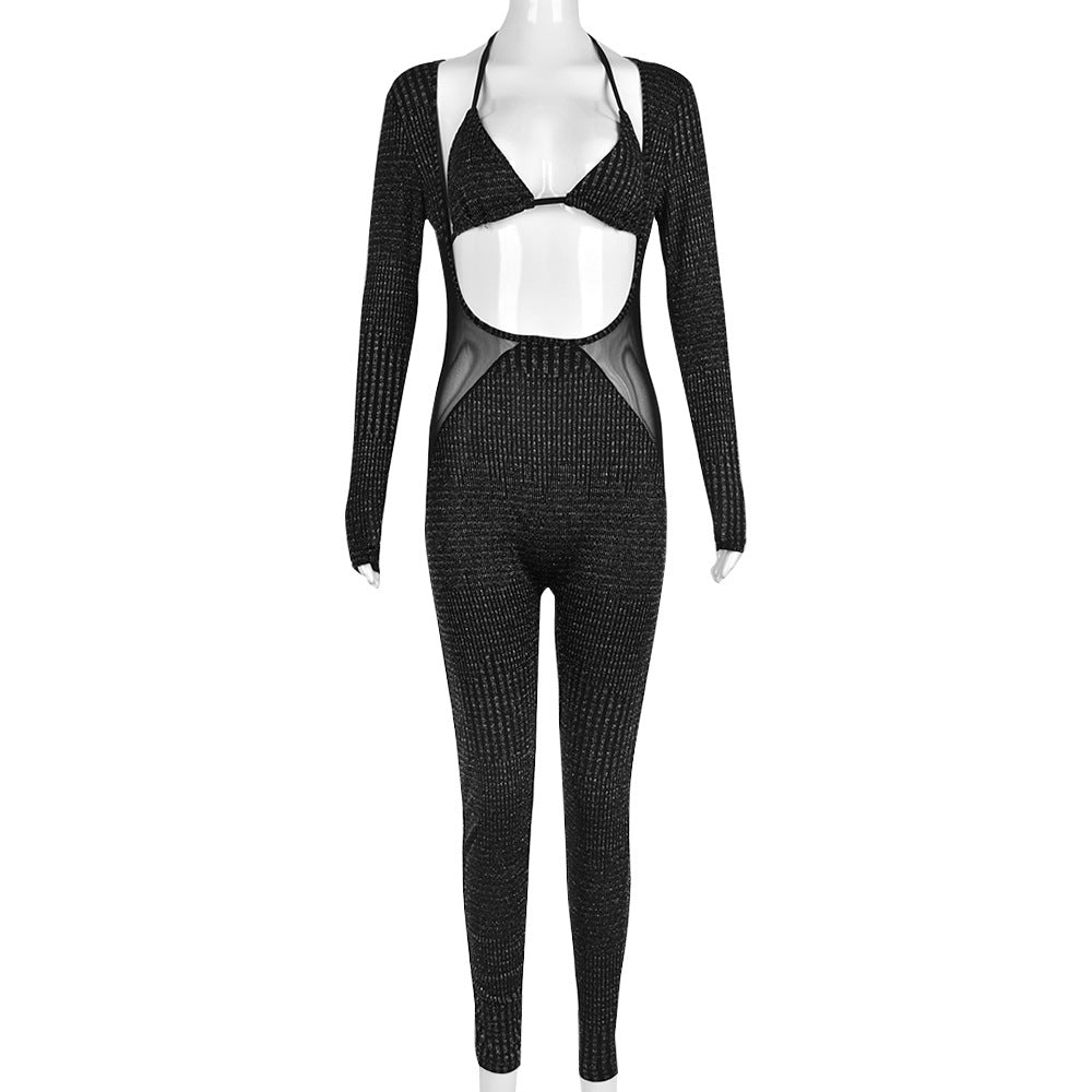 Autumn Winter Chest Wrapped Two Piece Set Lace up Cutout Nylon Long Sleeve Jumpsuit High Elastic Women Clothing