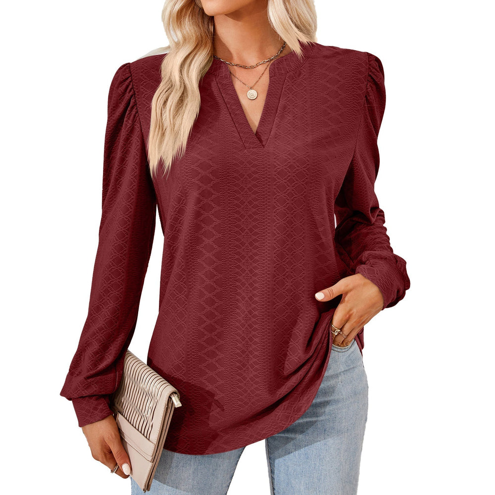 Autumn Winter Solid Color V neck Jacquard Long Sleeve Loose-Fitting T-shirt Top Ladies