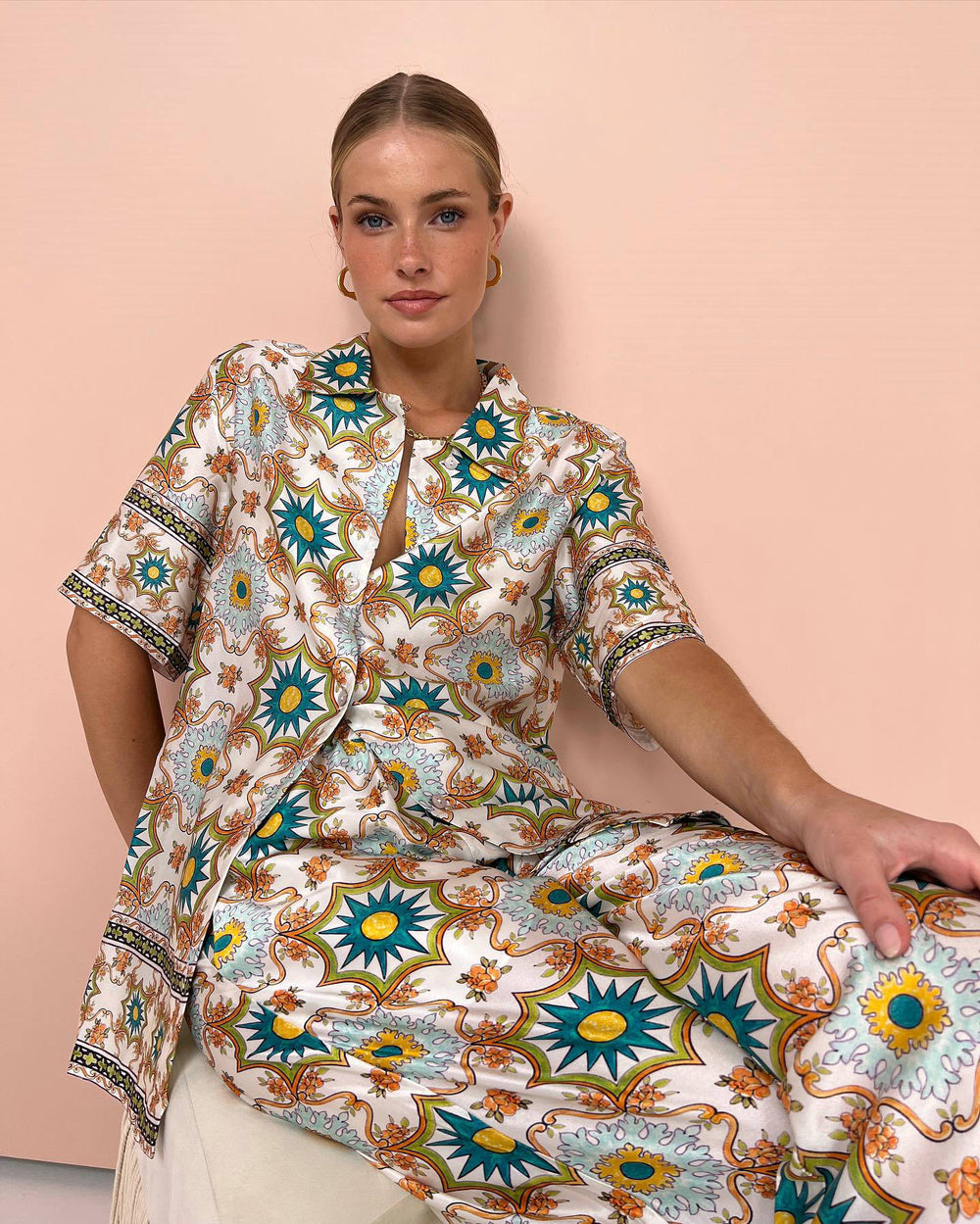 Women Clothing Satin Printed Casual Pajamas Two Piece Suit