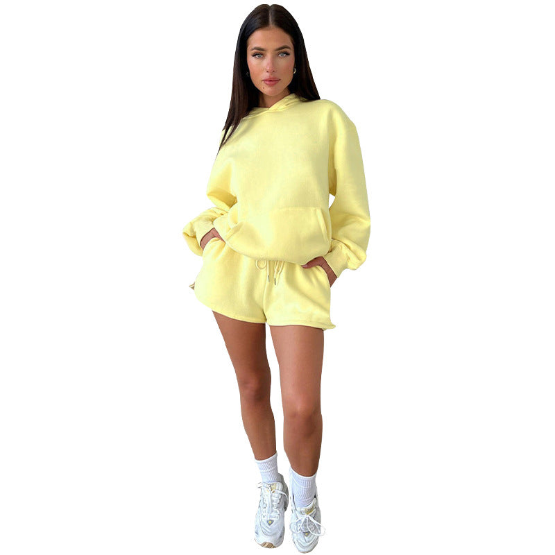 Autumn Winter Solid Color Long-Sleeved Hooded Sweaters Women Clothing Two Piece Casual Shorts sets