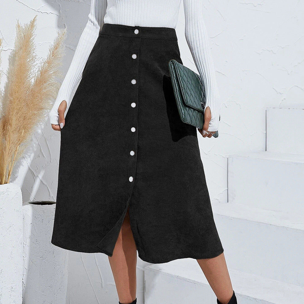 Women Clothing Boutique Corduroy Skirt Single Breasted High Waist Autumn Winter Maxi Women Skirt