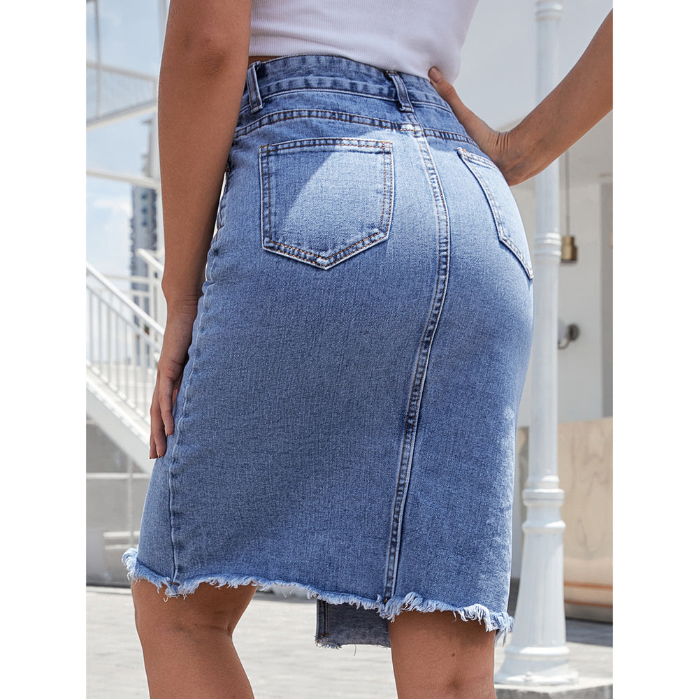 Women Clothing High Waist Fall Mid Length Hip Split Denim Skirt