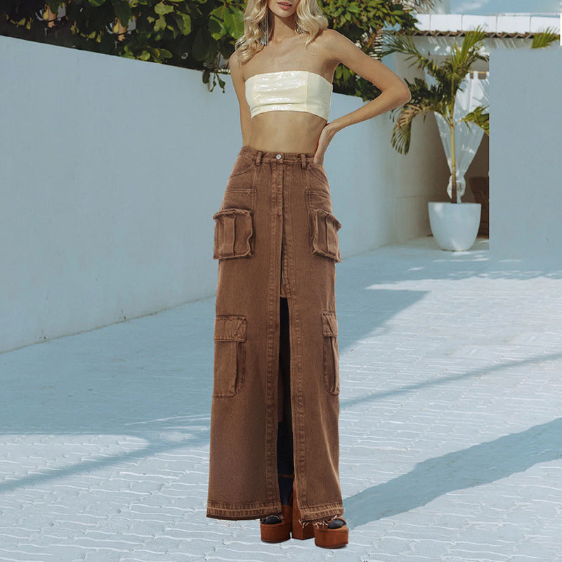 【MOQ-5 packs】 Hipsters High Street Spring High Waist Long Straight Front Slit Design Denim Solid Color Women Skirt